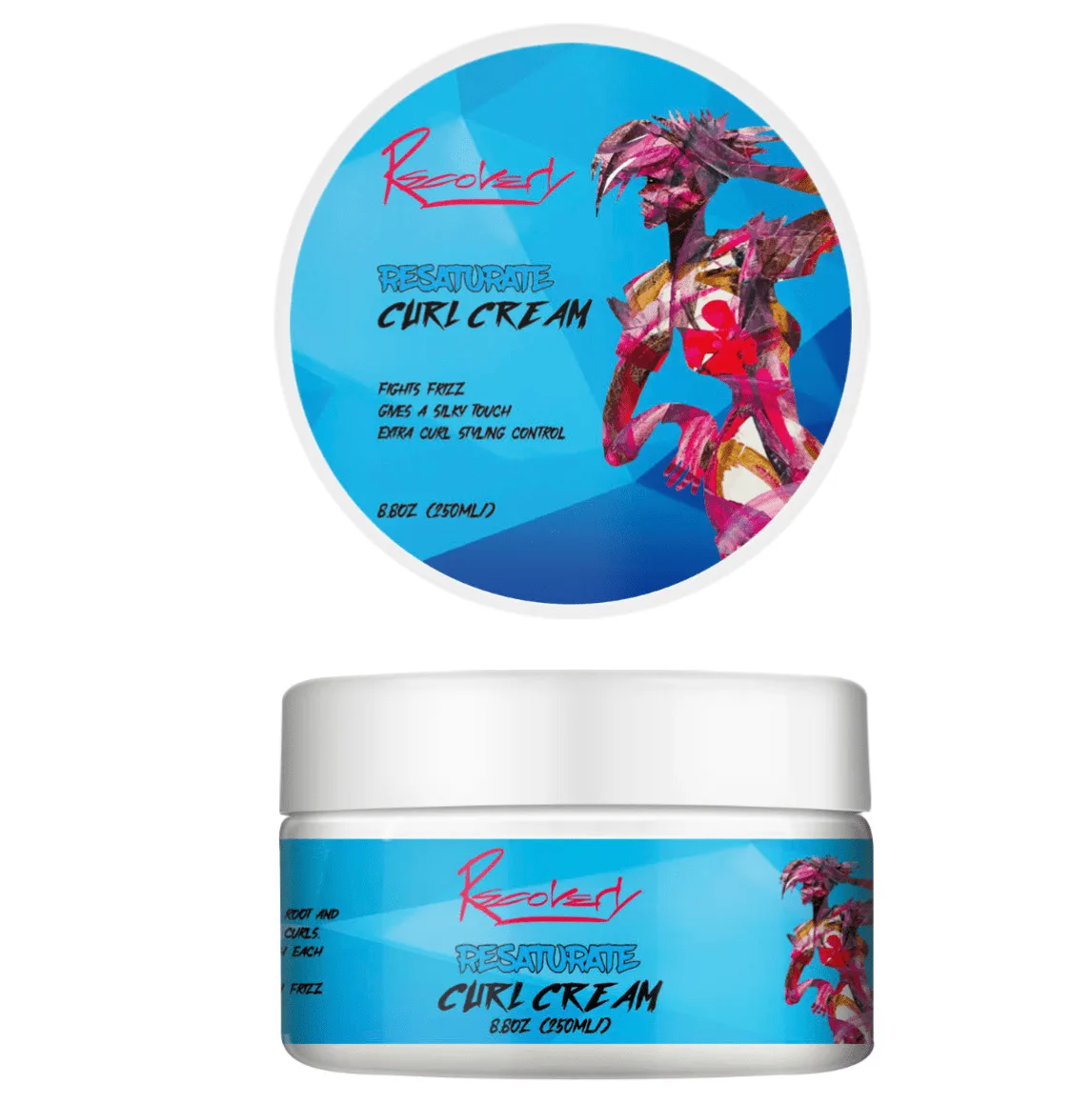 Blue Jar and Lid of Curl Cream Hair Product with Artistic Design